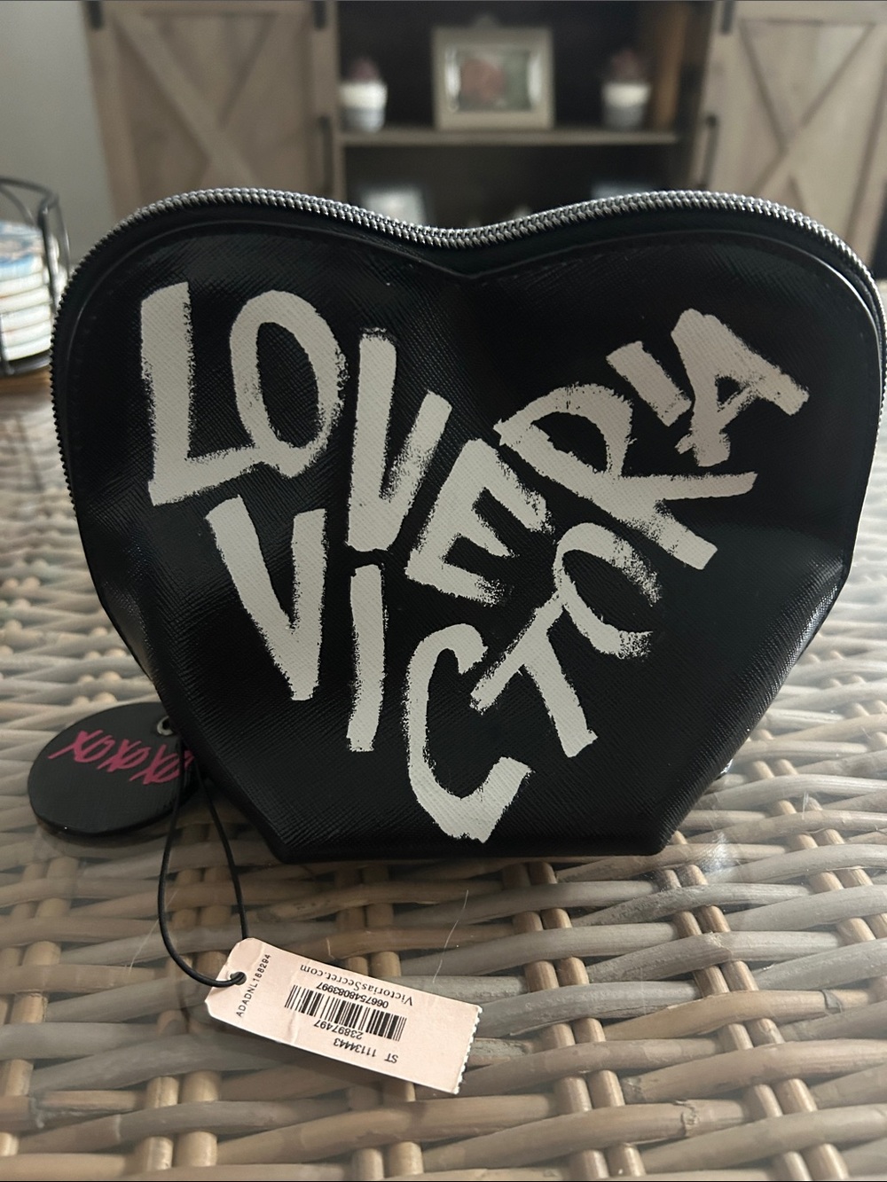 Victoria's Secret Black Heart Cosmetic Pouch with White Graffiti Logo
